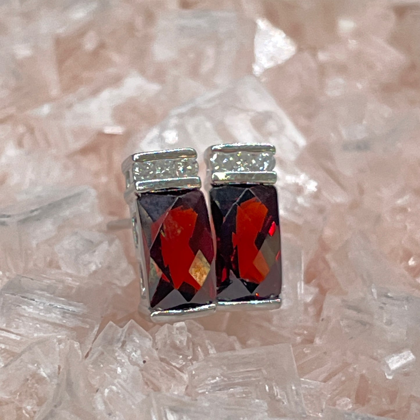 Checker Cushion Garnet and Diamond Stud Earrings