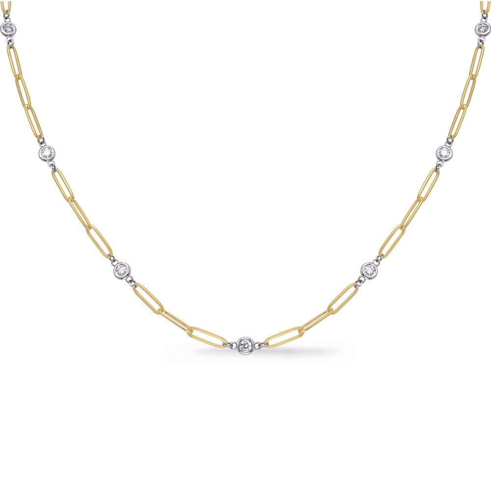 14K Yellow Gold Bezel Diamond And Paperclip Station Necklace