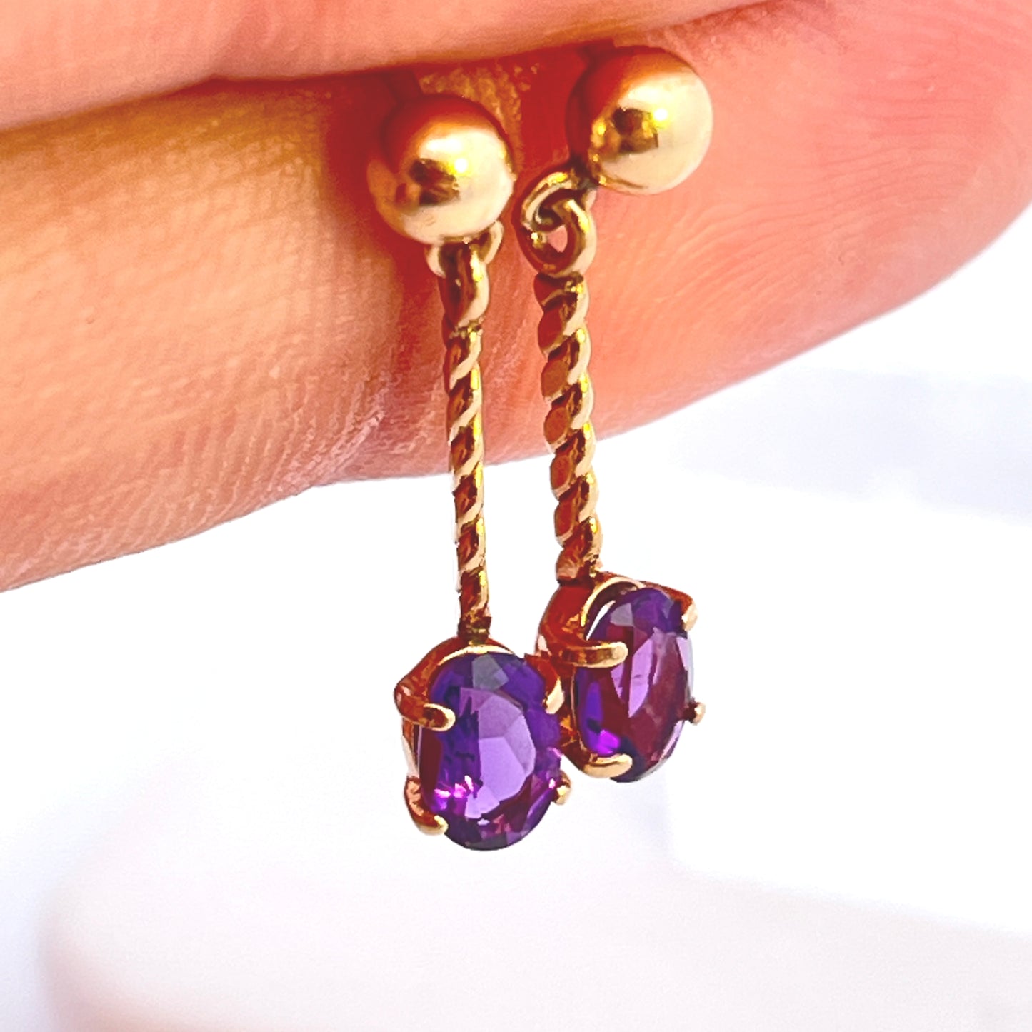 Yellow Gold Oval Amethyst Braided Dangle Earrings
