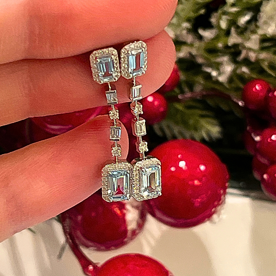 14k Emerald Cut Aquamarine & Diamond Dangle Earrings