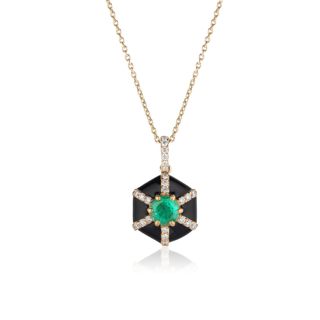 Hexagon Black Enamel Pendant with Emerald and Diamonds