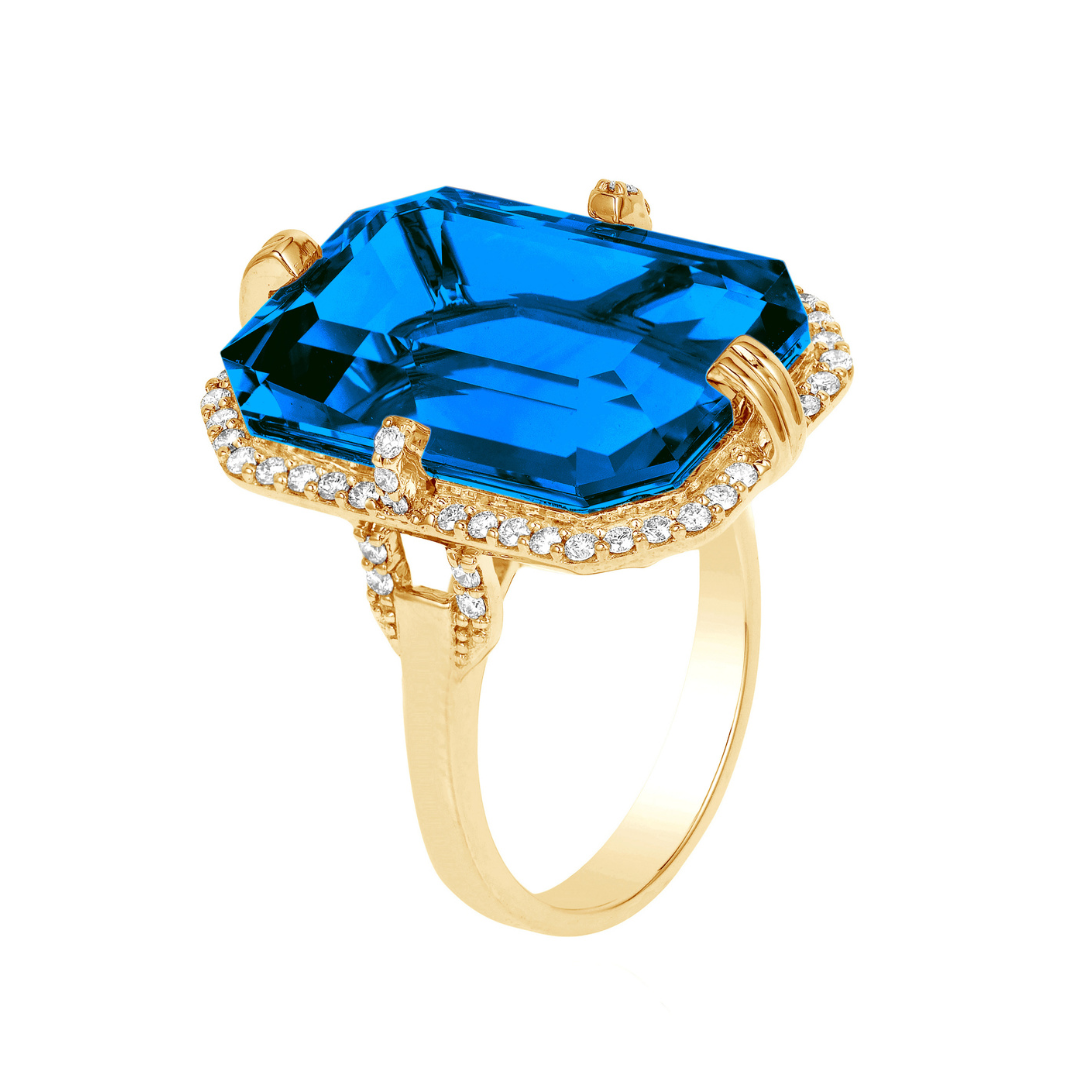 London Blue Topaz Emerald Cut Ring with Diamonds