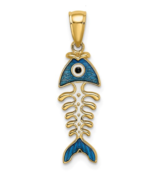 Whimsical White and Blue Enamel Fish Bone Pendant