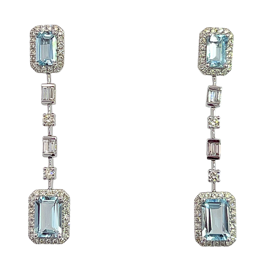 14k Emerald Cut Aquamarine & Diamond Dangle Earrings