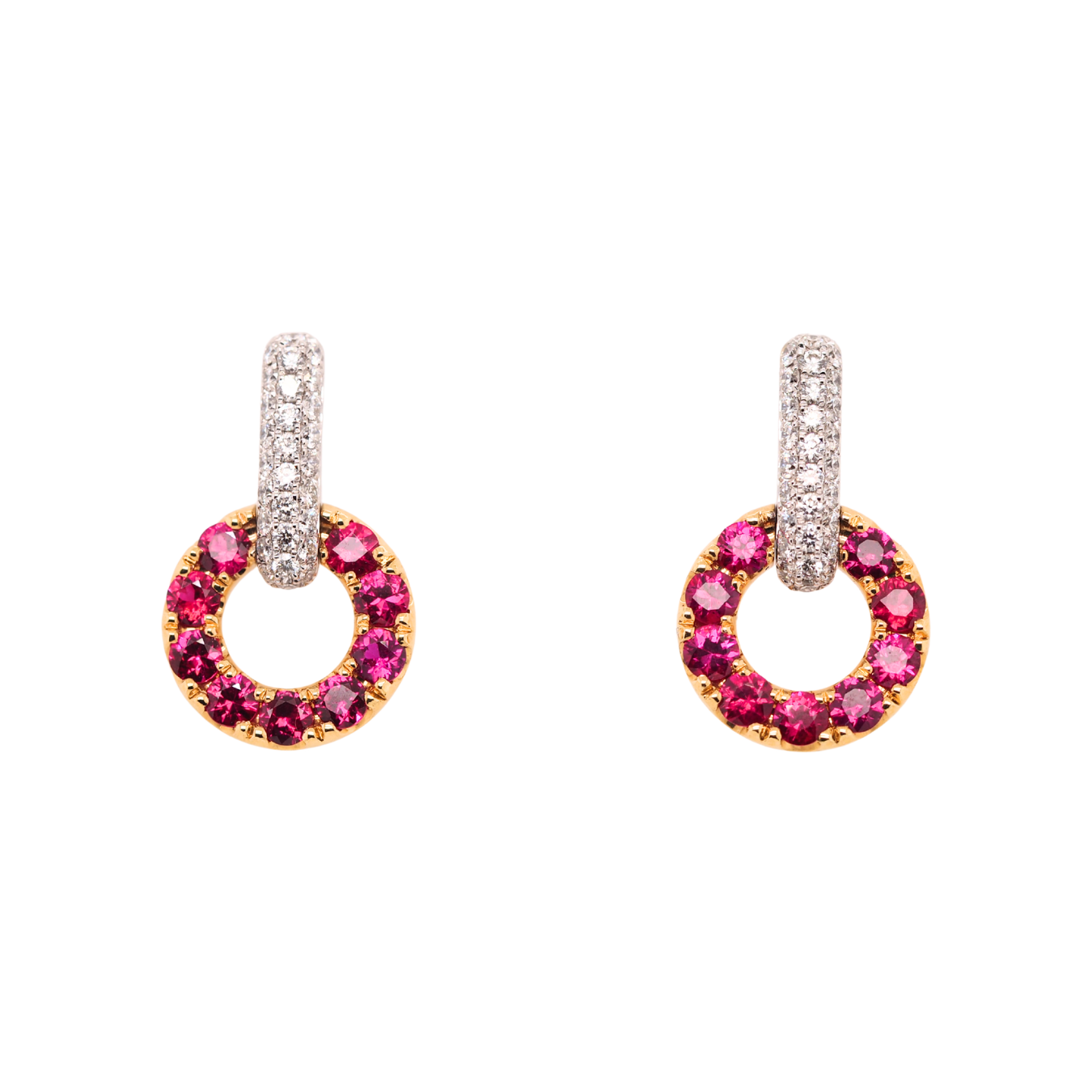 18k Ruby and Diamond Circle Dangle Stud Earrings