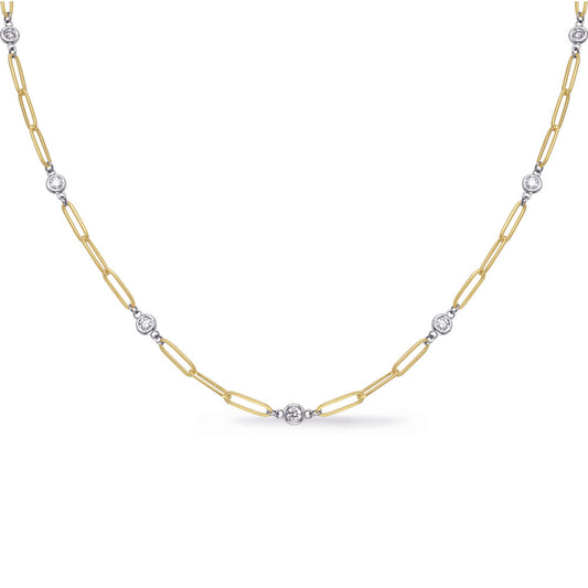 14K Yellow Gold Bezel Diamond And Paperclip Station Necklace