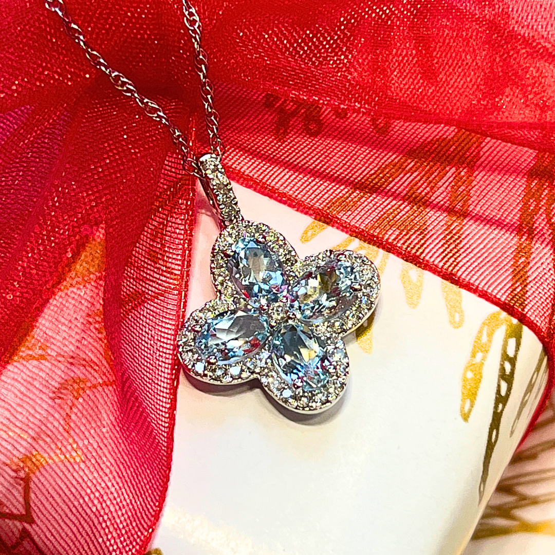 14k Aquamarine & Diamond Clover Necklace