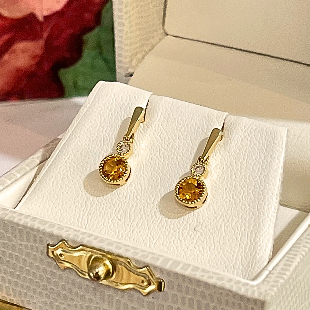 14k Round Citrine & Diamond Bezel Earrings