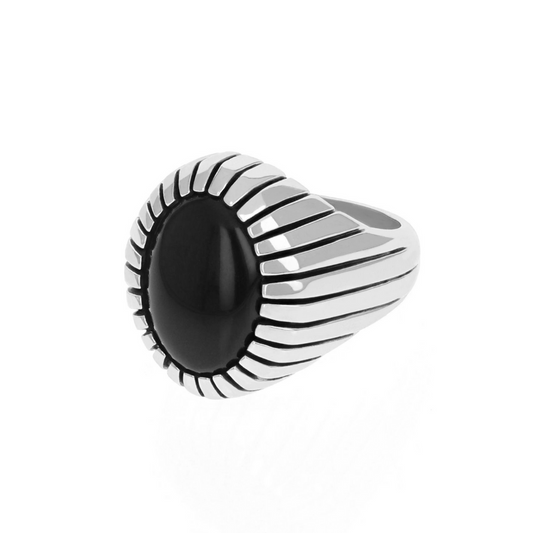Oval Onyx Ribbed Profile Ring