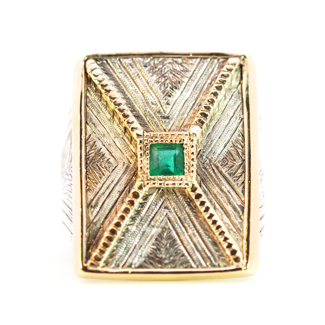 Mens Silver and Gold Emerald Ring