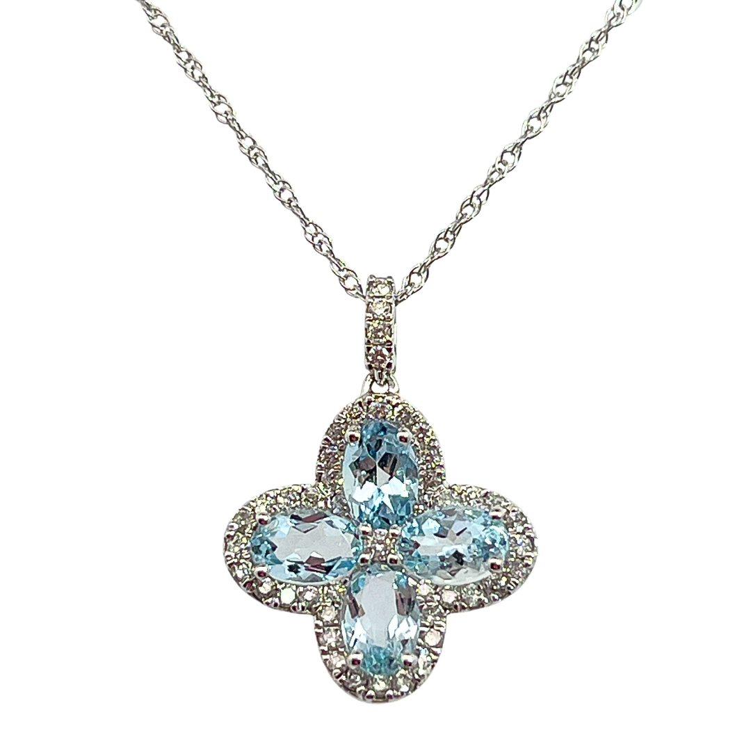 14k Aquamarine & Diamond Clover Necklace