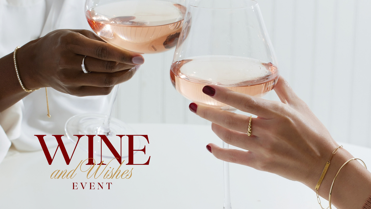 An image for the wine and wishes jewelry event at portsche's picturing hands coverd in gold rings and bangles clinking wine glasses