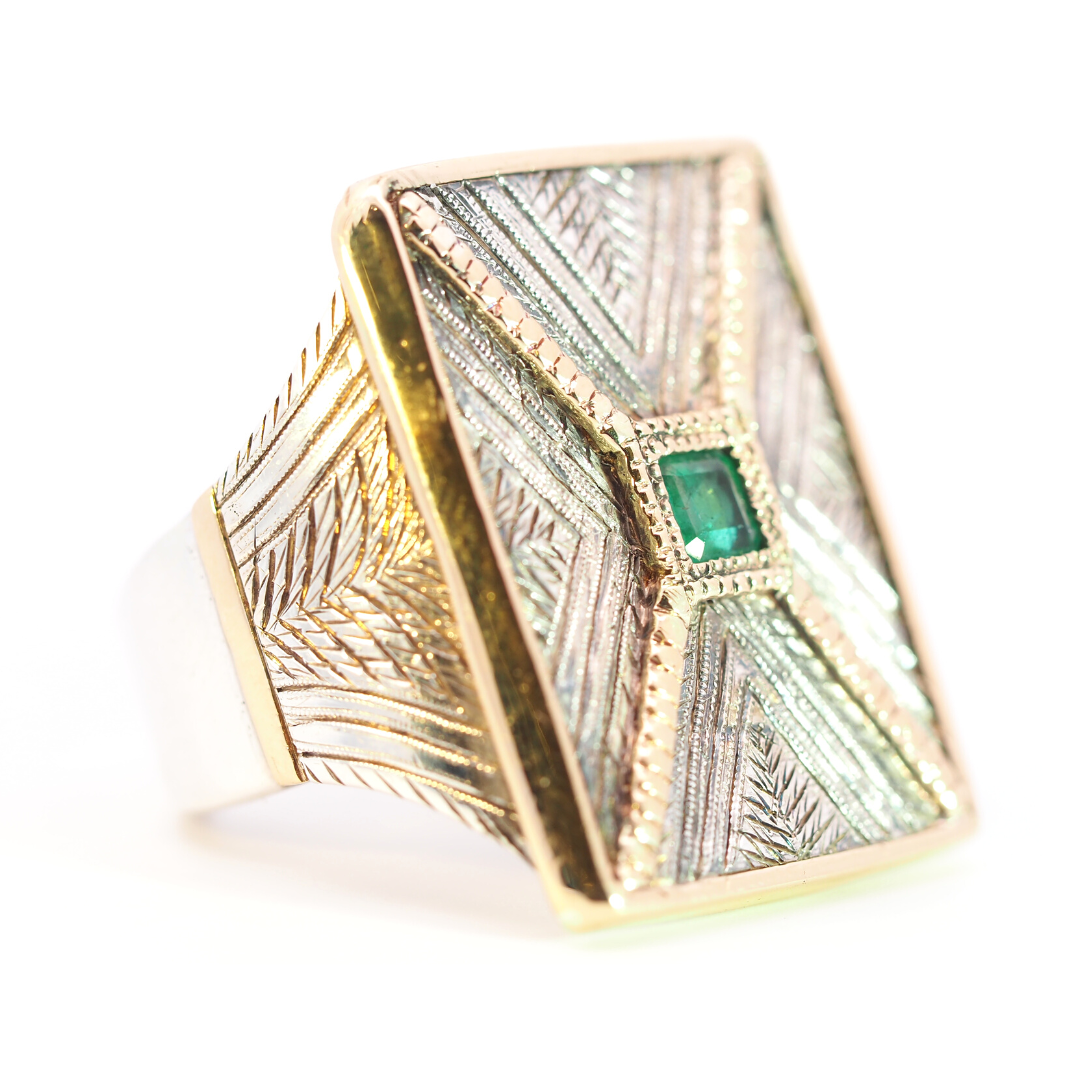 Mens Silver and Gold Emerald Ring