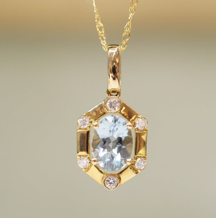 Yellow Gold Aquamarine & Diamond Frame Necklace