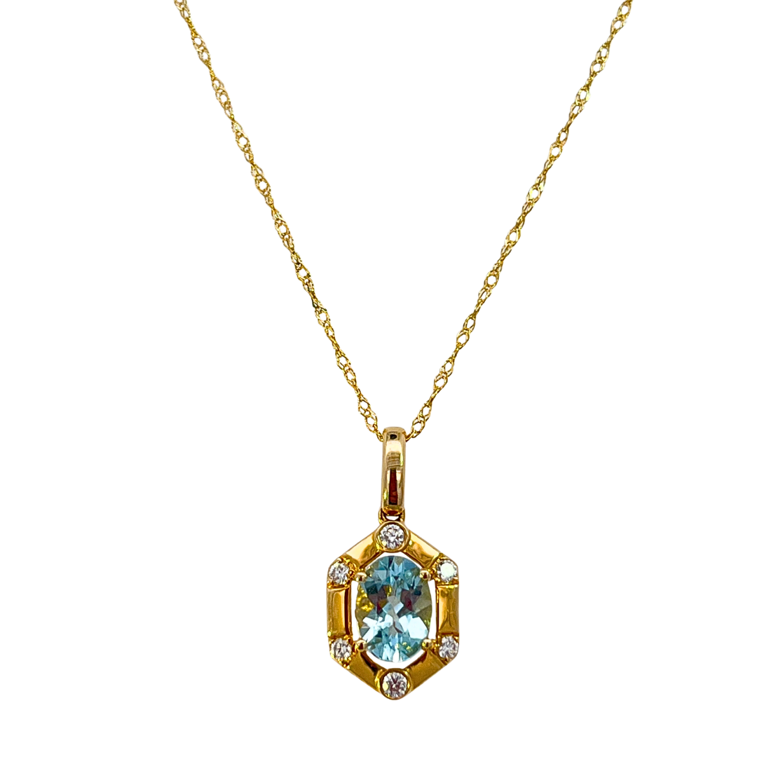 Yellow Gold Aquamarine & Diamond Frame Necklace